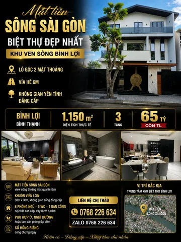 🏡 MẶT TIỀN SÔNG SÀI GÒN. BIỆT THỰ ĐẸP NHẤT KHU VEN SÔNG BÌNH LỢI. 1.150M². 3T. 💰65🧄 CÒN TL. 📱0768 226 634
💰 65🧄 còn TL
📱 0768 226 634