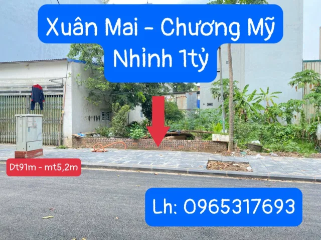 Cần tiền mua chung cư cho con ra ở riêng, vợ chồng tôi cần bán miếng đất ở Chương Mỹ, Hà Nội. Đất gần QL6, QL21A, xung quanh dân cư đông đúc, đường xá rộng rãi, đi về Hà đông chỉ khoảng 15 phút. Diện tích 91m2, đường rộng, ô tô vào tận đất. Giá chỉ nhỉnh 