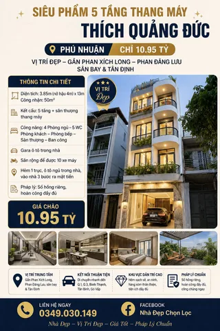 Nhà đẹp 5 tầng, thang máy, hẻm xe hơi Thích Quảng Đức