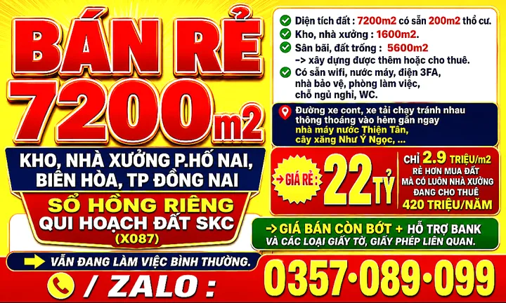 BÁN RẺ 7200m2 KHO, NHÀ XƯỞNG P.HỐ NAI, BIÊN HÒA, TP ĐỒNG NAI, SỔ HỒNG QUI HOẠCH ĐẤT SKC