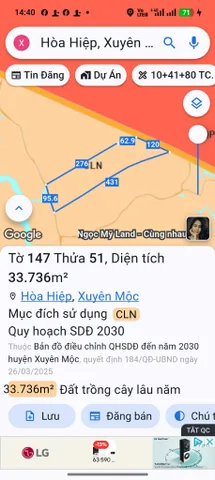 Xã Hoà Hiệp huyện Xuyên Mộc . S: 54.410 m2. Quy hoạch ra 2 mặt tiền