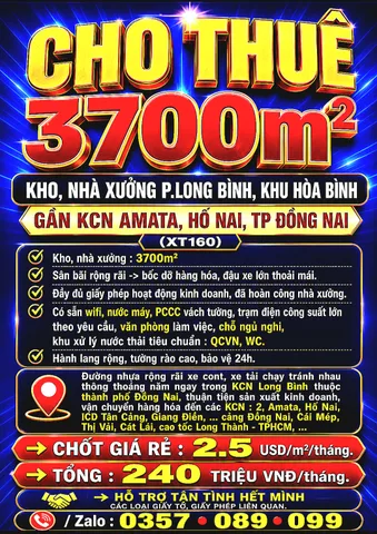CHO THUÊ 3700m2 KHO, NHÀ XƯỞNG LONG BÌNH, KHU HÒA BÌNH, GẦN KCN AMATA, HỐ NAI, TP ĐỒNG NAI