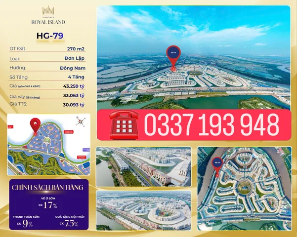 Bán căn dinh thự ven sông 270m2 HG-79 khu Hoàng Gia Vinhomes Vũ Yên Hải Phòng.