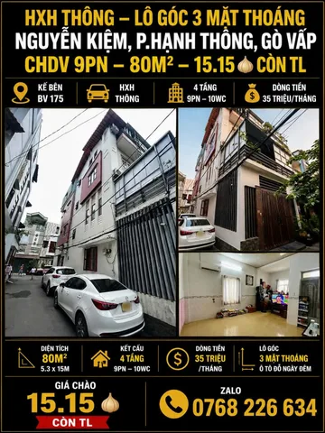 🏡 KẾ BÊN BV 175. HXH THÔNG. NGUYỄN KIỆM, P.HẠNH THÔNG, GÒ VẤP. CHDV 9PN. 80M². 💰15.15🧄 CÒN TL. 📱0768 226 634