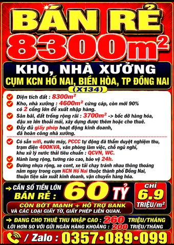 BÁN RẺ 8300m2 KHO, NHÀ XƯỞNG CỤM KCN HỐ NAI, BIÊN HÒA, TP ĐỒNG NAI (X134)