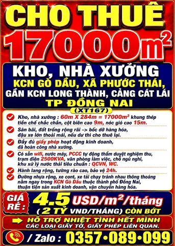 CHO THUÊ 17000m2 KHO, NHÀ XƯỞNG KCN GÒ DẦU XÃ PHƯỚC THÁI GẦN KCN LONG THÀNH, CẢNG CÁT LÁI, TP ĐỒNG NAI