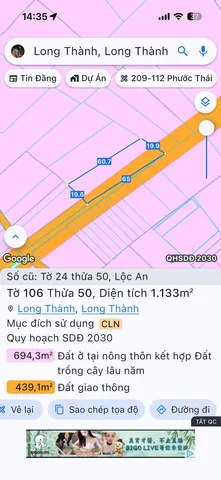 Bán Đất 1133m2 giá 6.5 tỷ tại Xã Lộc An Huyện Long Thành Đồng Nai
