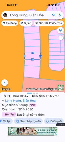 Bán Đất 164.5m2 có sẵn 164 m2 thổ cư giá 9.5 tỷ tại Xã Long Hưng Thành phố Biên Hòa Đồng Nai