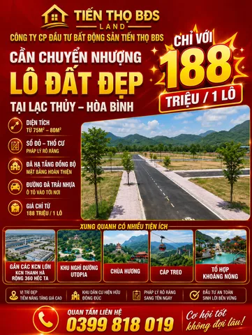 188 triệu tại lạc thủy hòa bình đã có sổ hồng từng lô pháp lý minh bạch dt từ 75m đến 80m fun thổ cư có nhiề tiềm năng sinh lời cao lô đất nằn gần các kcn lớn như kcn thanh hà kcn thanh cao mỗi năm có hàng trăm van công nhân đổ về đây sinh sống và làm việ