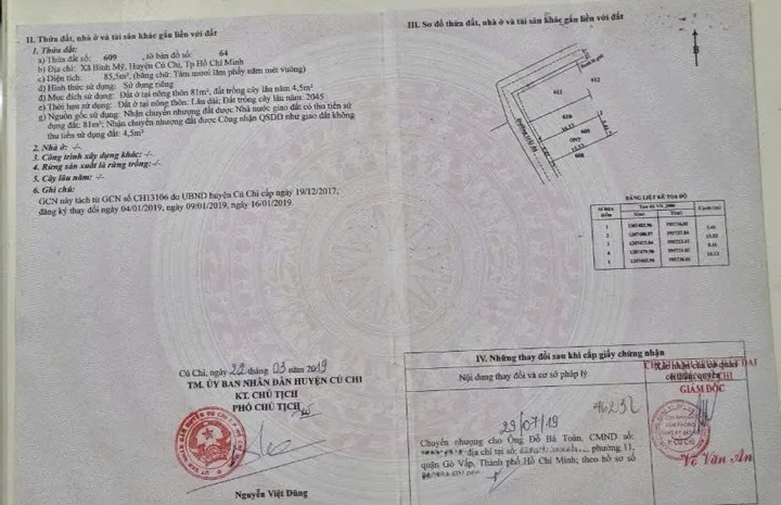 Bán đất thổ cư hẻm oto Huỳnh Thị Dần, xã Bình Mỹ dt 85m2 ( 81m2 thổ) giá 1,53 tỷ