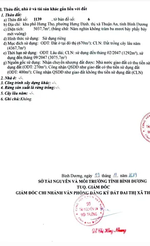 Bán Đất 5037m2 có sẵn 670 m2 thổ cư giá 70 tỷ tại Phường Hưng Định Thị xã Thuận An Bình Dương