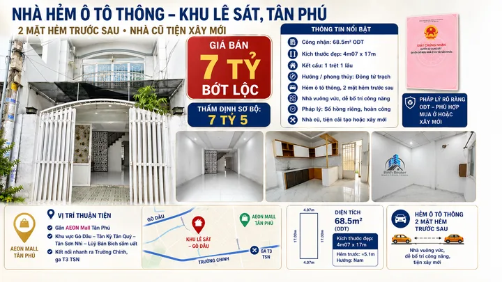 Bán Nhà riêng 70m2 có sẵn 68.5 m2 thổ cư giá 7 tỷ tại Phường Tân Quý Quận Tân Phú TP. Hồ Chí Minh
