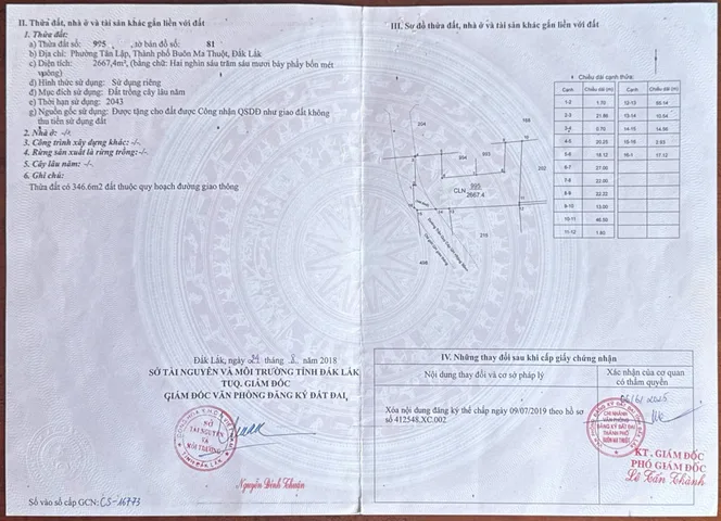 Bán Đất 2667m2 giá 750 triệu tại Phường Tân Lập Thành phố Buôn Ma Thuột Đắk Lắk
