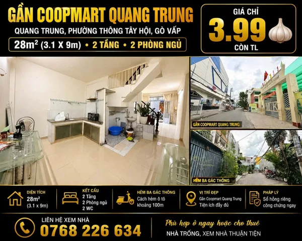 Bán Nhà riêng 28m2 có sẵn 28 m2 thổ cư giá 3.99 tỷ tại Đường Quang Trung Phường 11 Quận Gò Vấp TP. Hồ Chí Minh