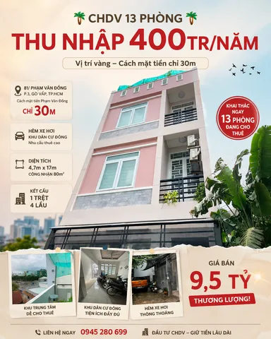 Bán chdv 81 phạm văn đồng p3 4,7x17 cn 80m² đct 13p tn 400tr/năm, cách mặt tiền 30m, giá 9,5 tỷ tl