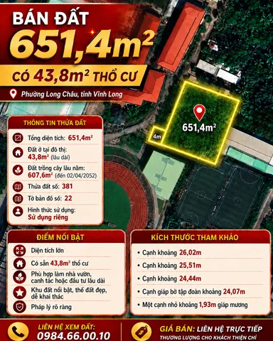 " HÀNG HIẾM NGAY SÂN VẬN ĐỘNG " Bán Đất 651,4m² có 43,8m² thổ cư tại phường Long Châu, tỉnh Vĩnh Long