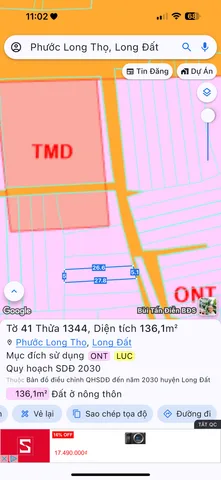 Bán Đất 136m2 có sẵn 100 m2 thổ cư giá 860 triệu tại Xã Phước Long Thọ Huyện Đất Đỏ Bà Rịa - Vũng Tàu