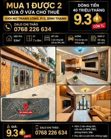 Bán Nhà riêng 53m2 có sẵn 53 m2 thổ cư giá 9.3 tỷ tại Đường Nơ Trang Long Phường 13 Quận Bình Thạnh TP. Hồ Chí Minh