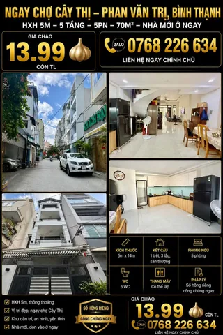 Bán Nhà riêng 70m2 có sẵn 70 m2 thổ cư giá 13.99 tỷ tại Đường Phan Văn Trị Phường 11 Quận Bình Thạnh TP. Hồ Chí Minh