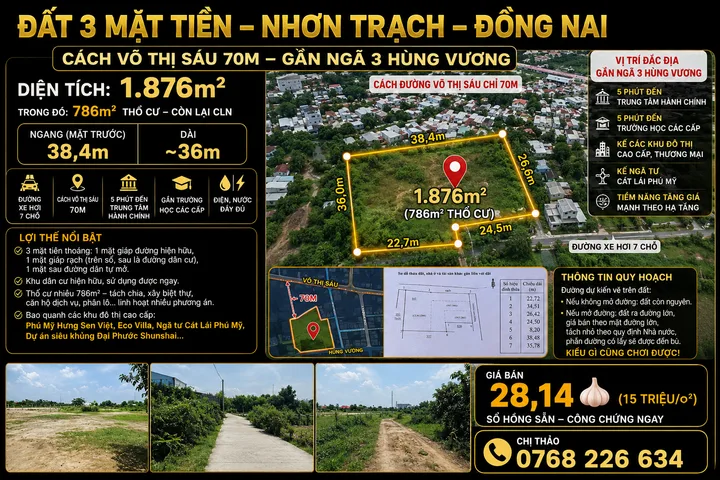 Bán Đất 1876m2 có sẵn 786 m2 thổ cư giá 28.14 tỷ tại Đường Võ Thị Sáu Xã Phú Đông Huyện Nhơn Trạch Đồng Nai