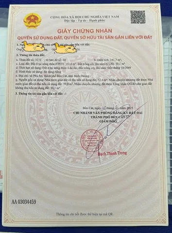 Bán gấp đất tại xã phú an, thành phố bến cát, bình dương giá 1,39 tỷ, diện tích 141,7m2