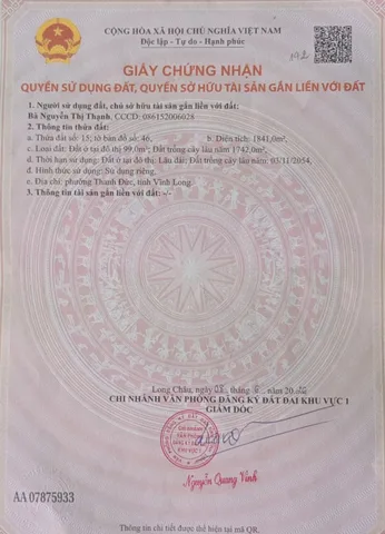 Bán Đất 1841m2 có sẵn 99 m2 thổ cư giá 3.3 tỷ tại Xã Thanh Đức Huyện Long Hồ Vĩnh Long