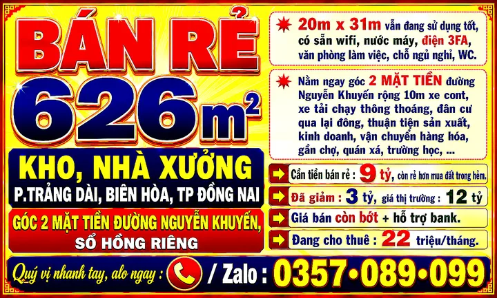626m2 BÁN RẺ KHO, NHÀ XƯỞNG TRẢNG DÀI, BIÊN HÒA, TP ĐỒNG NAI, GÓC 2 MẶT TIỀN ĐƯỜNG NGUYỄN KHUYẾN