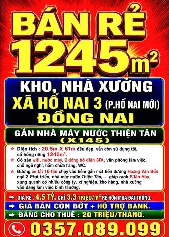 1245m2 BÁN RẺ KHO, NHÀ XƯỞNG XÃ HỐ NAI 3 (P.HỐ NAI MỚI) TP ĐỒNG NAI, GẦN NHÀ MÁY NƯỚC THIỆN TÂN