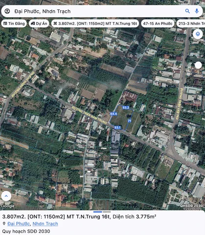 Đất mặt tiền Trần Nam Trung - Nhơn Trạch - Đồng Nai / Diện tích 3.807 m2 (đã có 1.150 m2 thổ cư) gần đường Hùng Vương