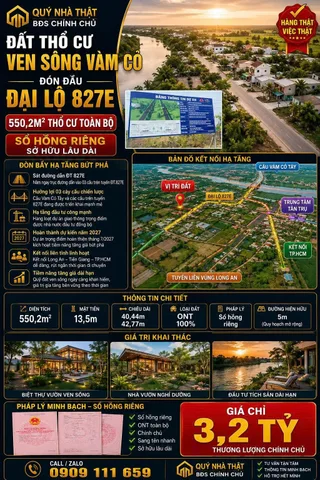Bán Đất 550m2 có sẵn 550 m2 thổ cư giá 2.75 tỷ tại - Chọn - Xã Đức Tân Huyện Tân Trụ Long An