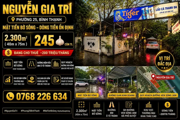 Bán Nhà riêng 3000m2 có sẵn 2300 m2 thổ cư giá 245 tỷ tại Đường Nguyễn Gia Trí Phường 25 Quận Bình Thạnh TP. Hồ Chí Minh