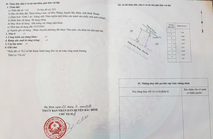 Bán Đất 6678m2 giá 40 tỷ tại Đường Tỉnh lộ 716 Xã Hòa Thắng Huyện Bắc Bình Bình Thuận