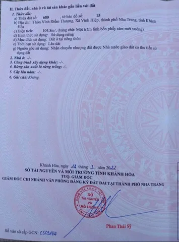 BÁN LÔ ĐẤT FULL THỔ CƯ Ở VĨNH HIỆP , NHA TRANG . DT 104,8 m2 . ĐƯỜNG BETONG 5m . GIÁ 2 TỶ 190 TRIỆU