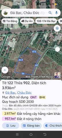 Bán Đất 3936m2 có sẵn 520 m2 thổ cư giá 6.5 tỷ tại Xã Đá Bạc Huyện Châu Đức Bà Rịa - Vũng Tàu