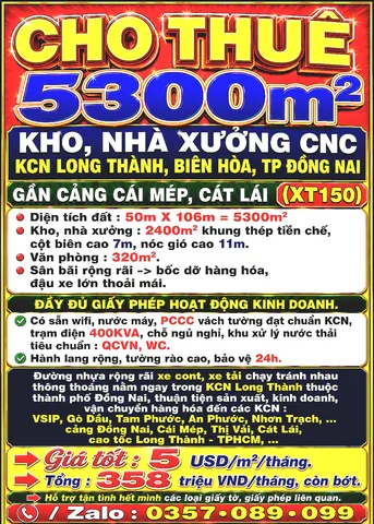 CHO THUÊ 5300m2 KHO, NHÀ XƯỞNG CNC KCN LONG THÀNH, TP ĐỒNG NAI, GẦN CẢNG CÁI MÉP, CÁT LÁI