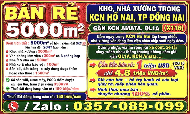 BÁN RẺ 5000m2 KHO, NHÀ XƯỞNG TRONG KCN HỐ NAI, TP ĐỒNG NAI, GẦN KCN AMATA, QL1A