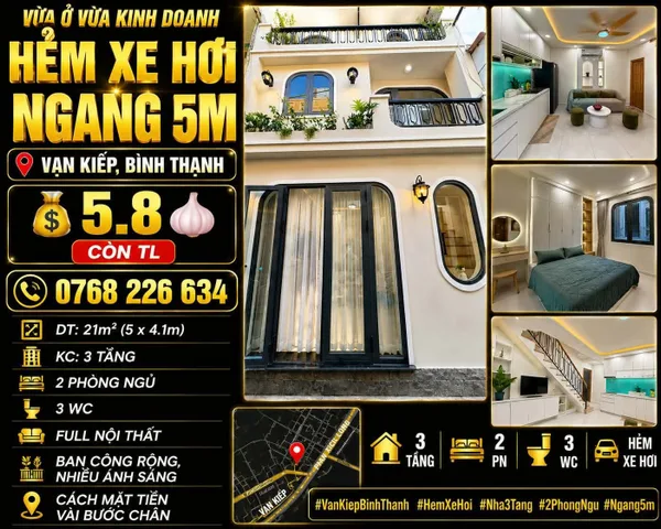Bán Nhà riêng 21m2 có sẵn 21 m2 thổ cư giá 5.8 tỷ tại Đường Vạn Kiếp Phường 03 Quận Bình Thạnh TP. Hồ Chí Minh