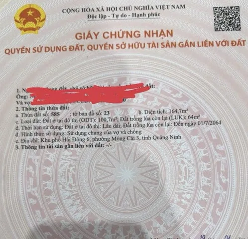 Bán Đất 165m2 có sẵn 100 m2 thổ cư giá 1.7 tỷ tại - Chọn - - Chọn - Phường Móng Cái 3 Quảng Ninh