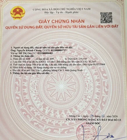 Bán Đất 156m2 có sẵn 111 m2 thổ cư giá 650 triệu tại Phường Hải Yên Thành phố Móng Cái Quảng Ninh