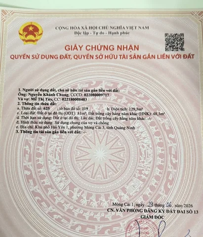 Bán Đất 128m2 có sẵn 81 m2 thổ cư giá 620 triệu tại Phường Hải Yên Thành phố Móng Cái Quảng Ninh