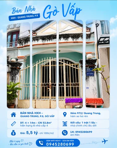 BÁN NHÀ HXH 972/ QUANG TRUNG GÒ VẤP, 4x14M CN 54M² SỔ VUÔNG VỨC, CHỈ 100TR/M2 GIÁ 5.5 TỶ TL