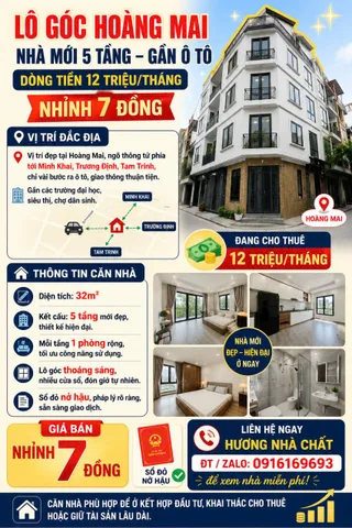 LÔ GÓC HOÀNG MAI – NHÀ MỚI 5 TẦNG – GẦN Ô TÔ – DÒNG TIỀN 12 TRIỆU/THÁNG – NHỈNH 7 ĐỒNG