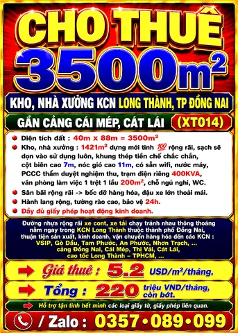 CHO THUÊ 3500m2 KHO, NHÀ XƯỞNG KCN LONG THÀNH, TP ĐỒNG NAI, GẦN CẢNG CÁI MÉP, CÁT LÁI, TPHCM (XT014)