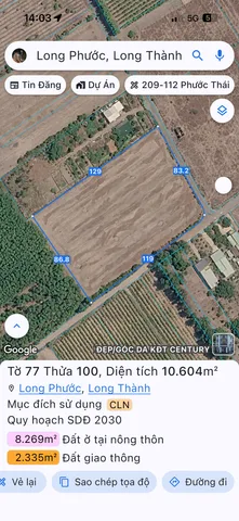 Bán Đất 10600m2 giá 31 tỷ tại Xã Long Phước Huyện Long Thành Đồng Nai