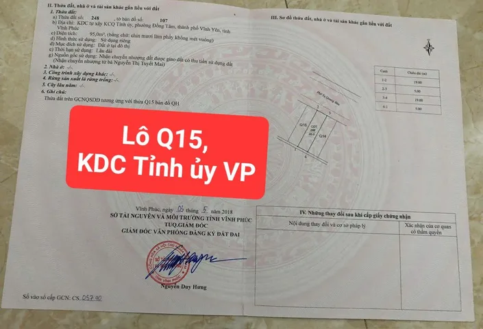 Bán Đất 95m2, thổ cư 100%, giá 3.48 tỷ tại Đường Tạ Quang Bửu, Phường Đồng Tâm, Thành phố Vĩnh Yên, Vĩnh Phúc