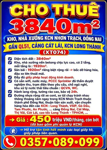 CHO THUÊ 3840m2 KHO, NHÀ XƯỞNG KCN NHƠN TRẠCH, ĐỒNG NAI GẦN QL51, CẢNG CÁT LÁI, CÁI MÉP, LONG THÀNH