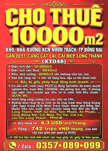 CHO THUÊ 10000m2 KHO, NHÀ XƯỞNG KCN NHƠN TRẠCH, ĐỒNG NAI GẦN QL51, CẢNG CÁT LÁI, CÁI MÉP, LONG THÀNH