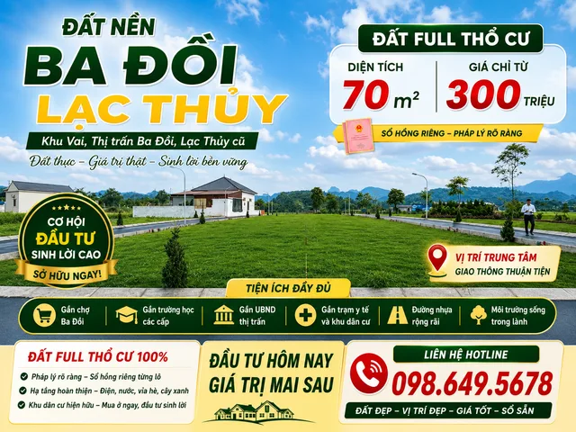 GIÁ CHỈ 300 TRIỆU CÓ ĐẤT FULL THỔ CƯ, SỔ HỒNG RIÊNG TẠI TRUNG TÂM LẠC THỦY