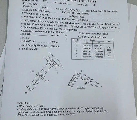 Bán Đất 102m2 có sẵn 70 m2 thổ cư giá 1.05 tỷ tại Xã Phú An Thị xã Bến Cát Bình Dương