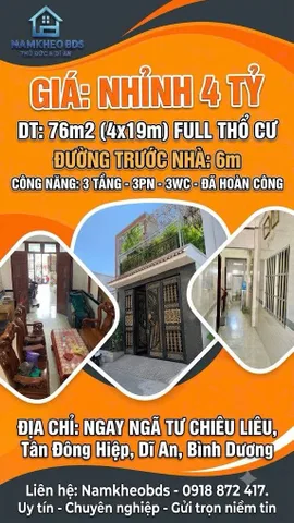 NGÃ TƯ CHIÊU LIÊU ,3 TẦNG NGUYỄN THỊ MINH KHAI DĨ AN, GIÁ NHỈNH 4 TỶ